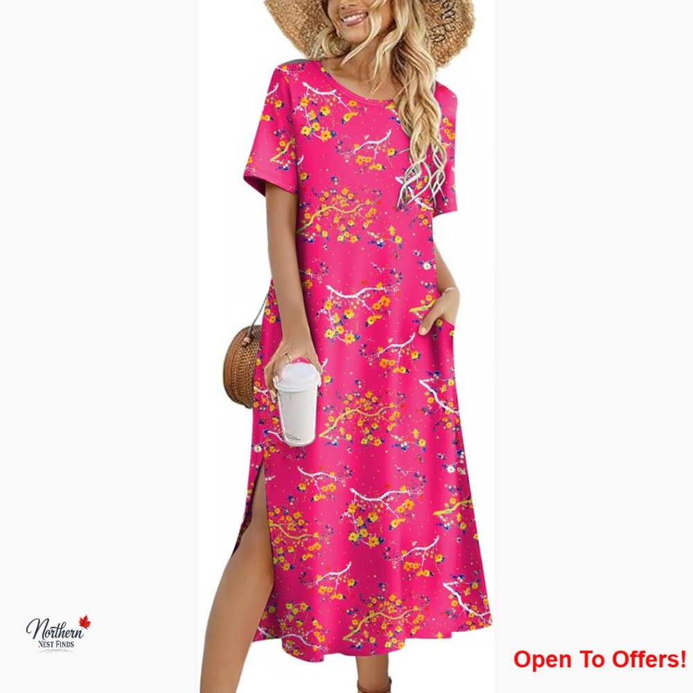 Polyester Spandex Floral Summer Dress Casual Beach Split Long Dress - Picture 1 of 6